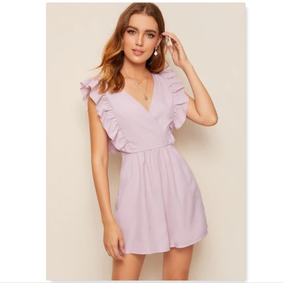 Lavender ruffle trim v neck romper solid print - Picture 2 of 7